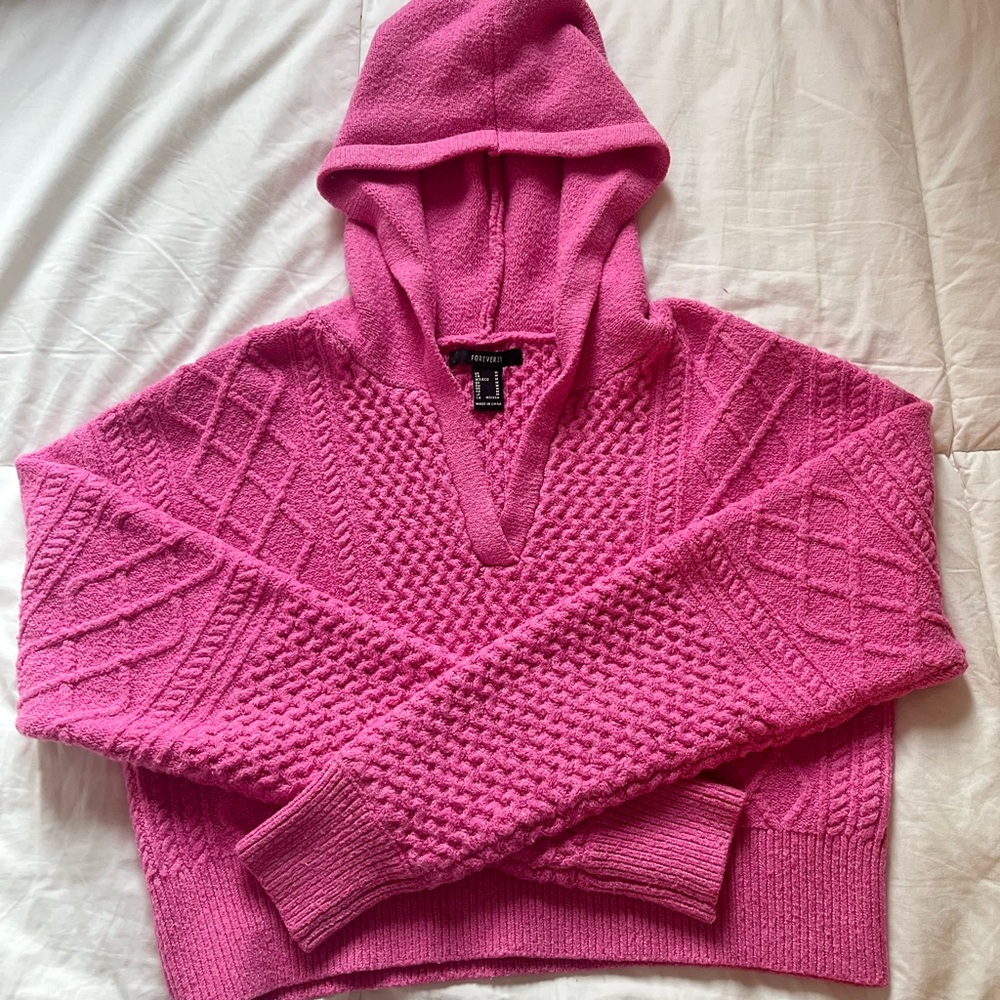 Forever 21 Pink V-Neck Hooded Sweater